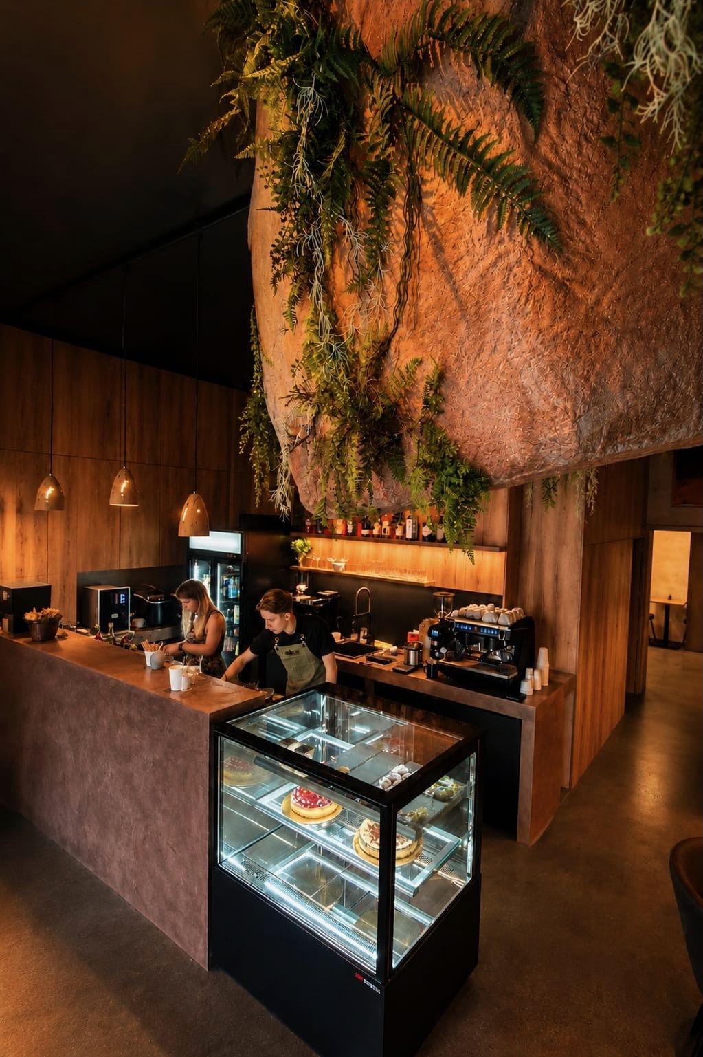 Bar Lom Kafe pod obří kamennou skálou s kapradinami